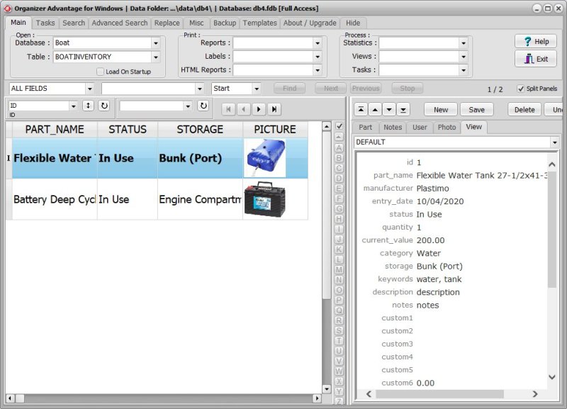 Boat Inventory Software for Windows PCs view panel